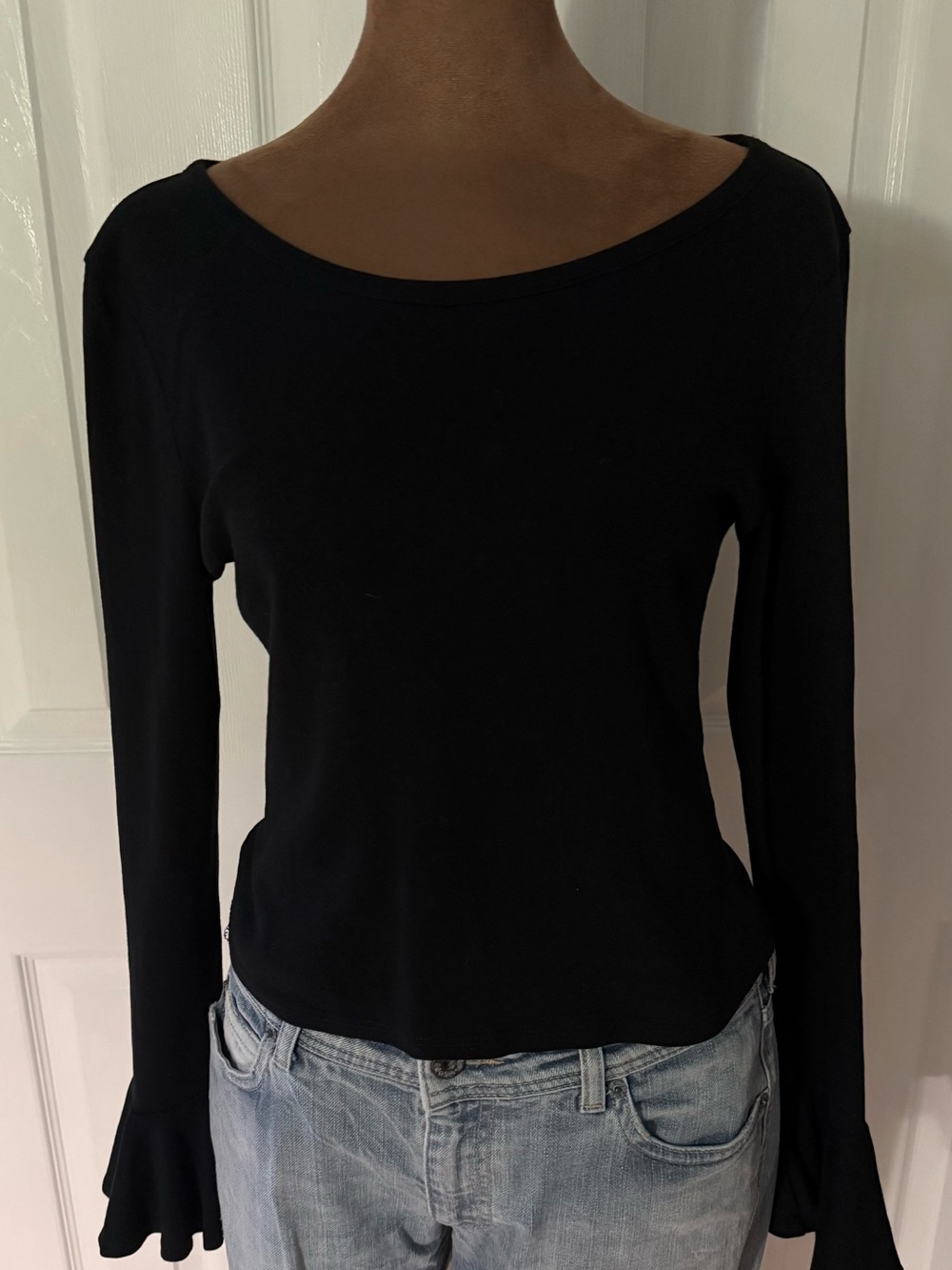 Anthropologie Black Long-Sleeve Boatneck Top with Flared Cuffs